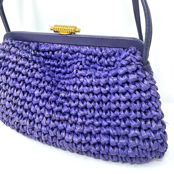 Vintage Morris Moskowitz Purple Crochet Straw Top Handle Bag – Gold Hardware - Picture 2 of 9